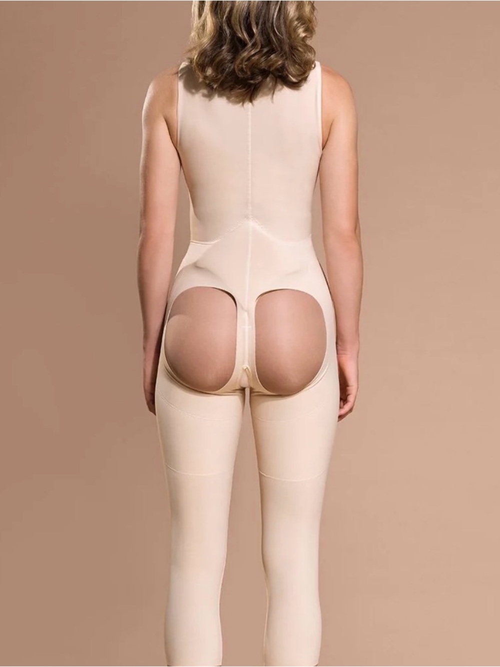 Seamless Girdle Open-Back Shapewear Bodysuit in Beige Ankle Length
